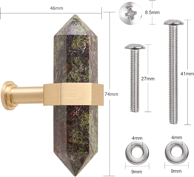 mookaitedecor Set of 2 Dragon Blood Jasper Double Crystal Points Drawer Knobs with Screws, Decorative Stone Cabinet Handle Pulls for Dresser Cupboard Kitchen Decor, Brushed Brass