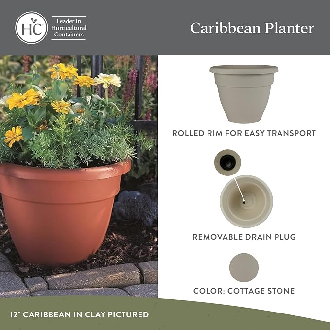 The HC Companies 14 Inch Caribbean Planter Pots w/Drainage & Plug, Rolled Rim Plastic Planters for Indoor Outdoor Plants, 2-Pack Decorative Flower Pots for Garden, Office & Home Decor, Cottage Stone