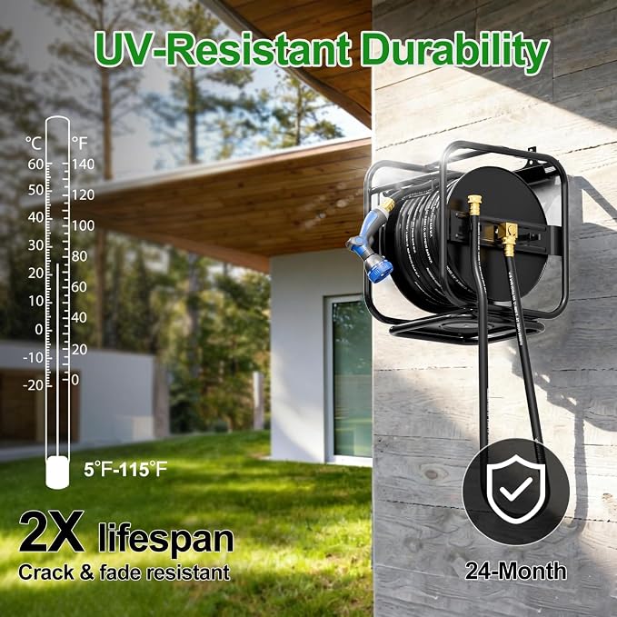 SPECILITE Metal Garden Hose Reel With 100 Ft Hose, 900PSI Burst, Heavy Duty UV Resistant Wall Mount/Freestanding Spool with Nozzle, Brass Fittings, 360° Rotation Frame for Yard