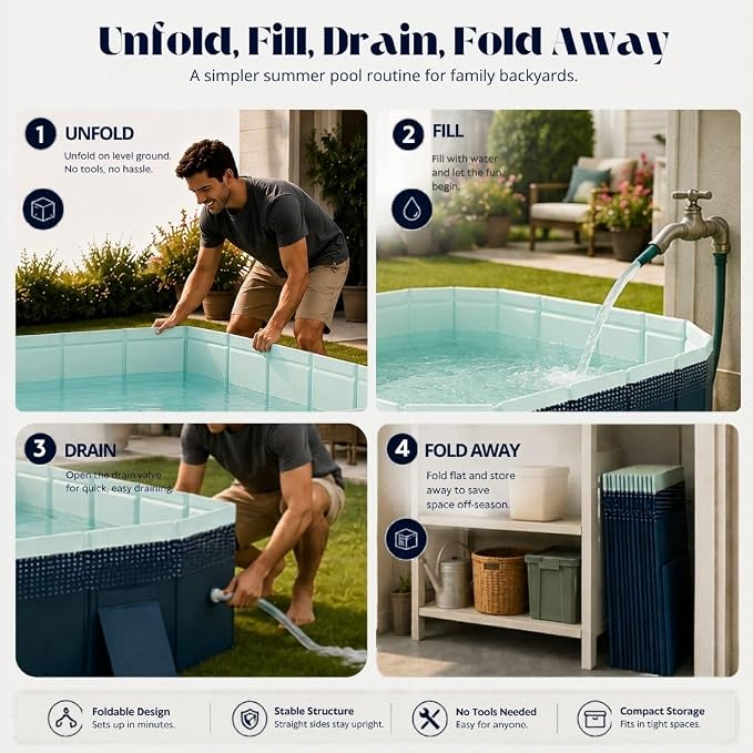 65.35-Inch Foldable Swimming Pool, Blue Non-Inflatable Rectangular Pool for 1-2 People, 4-Layer Composite PVC, Aluminum Alloy Frame, Dual Drains for Backyard Fun
