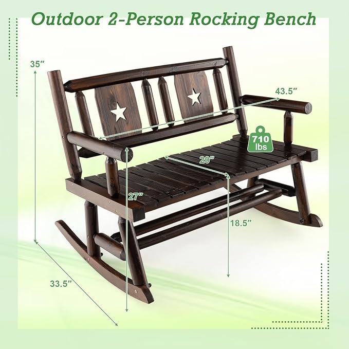 Giantex Outdoor Rocking Bench, Patio Loveseat Rocker for 2 w/Ergonomic Back & Log Arms, Carbonized Fir Wood Frame, Wooden Double Rocking Chair for Porch, Garden, 710 LB Capacity, Rustic Brown (2)