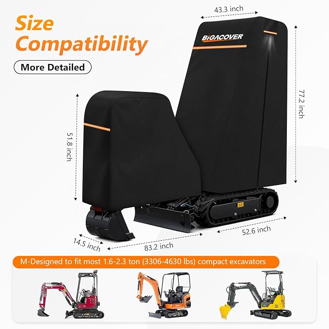 Heavy Duty Mini Excavator Cover, 6-Layer 600D Oxford Fabric with Inner Cotton Split Design for Better Fit, Waterproof All-Weather Machine Protection for 1.7 Ton Mini Excavator (M - 1.6-2.3 Ton)
