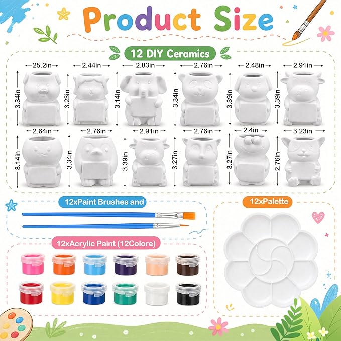 Hushee 12 Sets DIY Ceramic Succulent Pots Ready to Paint Animal Planters Unpainted Plant Flower Pots Bulk with Drainage Hole and Bisque Paint for Adults Craft Christmas Holiday (Animals with Sign)