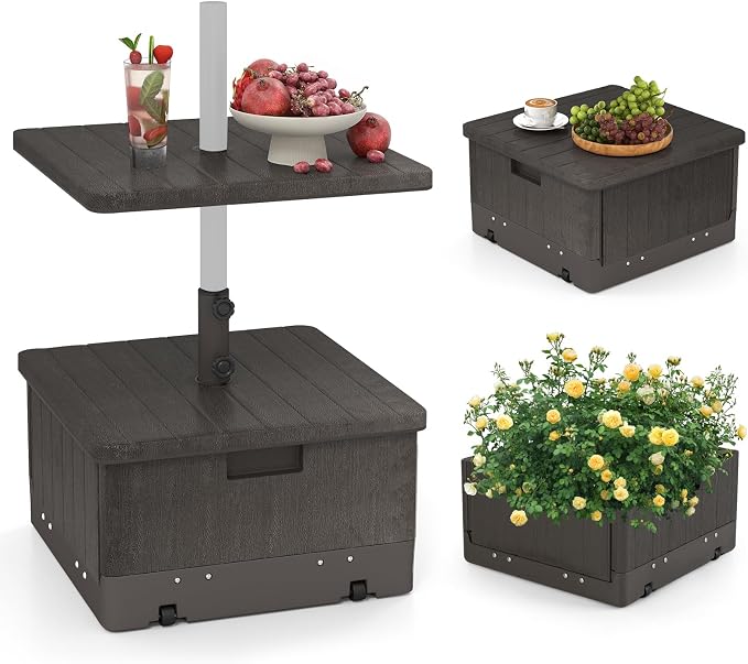 Tangkula 3-in-1 Patio Umbrella Base, 175 LBS Moveable Umbrella Stand w/Table Tray & Weighted Bag, Side Handles, HDPE Frame, 2 Pole Adapters, Garden Coffee Table Planter Box (Brown)