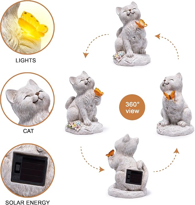 basen Solar Cat Statue with Glowing Butterfly, Outdoor Garden Cat Figurine Decor for Yard Lawn Patio, Resin Solar Animal Sculpture with LED Light for Garden Landscape Decoration