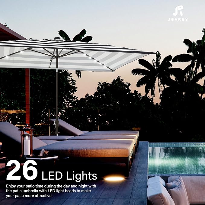 JEAREY 6.5x10 ft Rectangular LED Lighted Patio Umbrellas Outdoor Solar Table Market Umbrella w/Push Button Tilt/Crank, 6 Sturdy Ribs, UV Protection Waterproof Sunproof(Black-White Stripe)