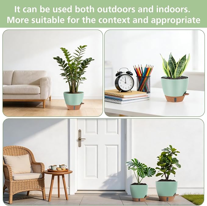 Self Watering Pots with Water Level Indicator, 12" 10" 9" 8" Large Plastic Flower Pots with Mesh Drainage Hole and Removable Saucer Reservoir for Indoor Outdoor Plants (Green)