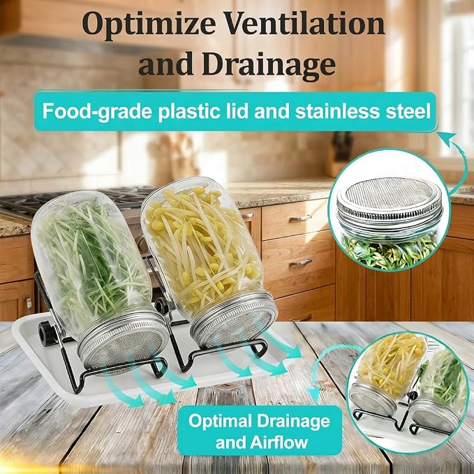 4 Pack Wide Mouth Sprouting Jar Kit, Lids, Stands, Trays & Cleaning Brushes | Glass Jar Set with with Stainless Steel Strainer Lids, Stand & Drip Tray (Seeds Not Included) – Easy to Rinse & Drain