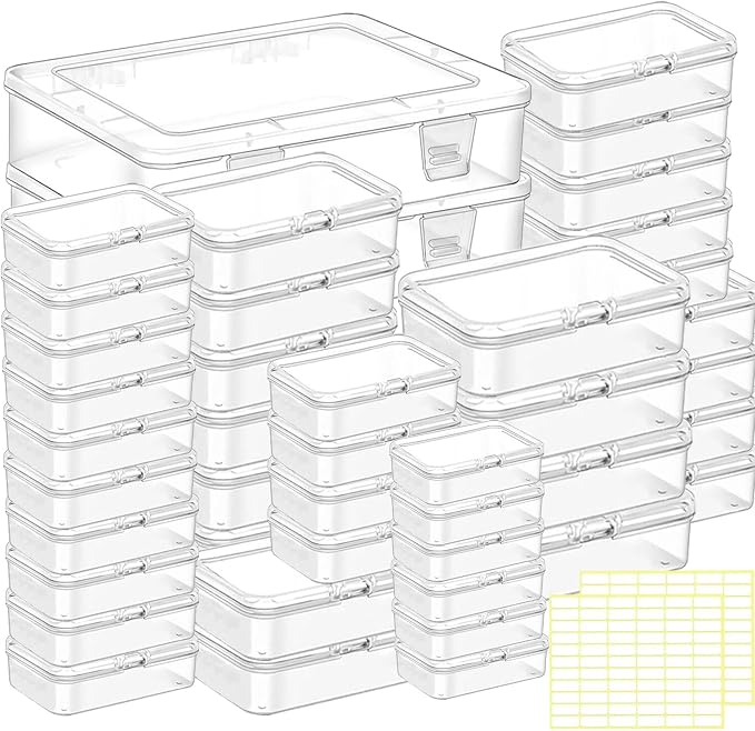 Bead storage container,44pcs of different sizes rectangular mini clear plastic storage box with hinged lid and label for bracelet making DIY jewelry craft nail organizer,Mix Size-2