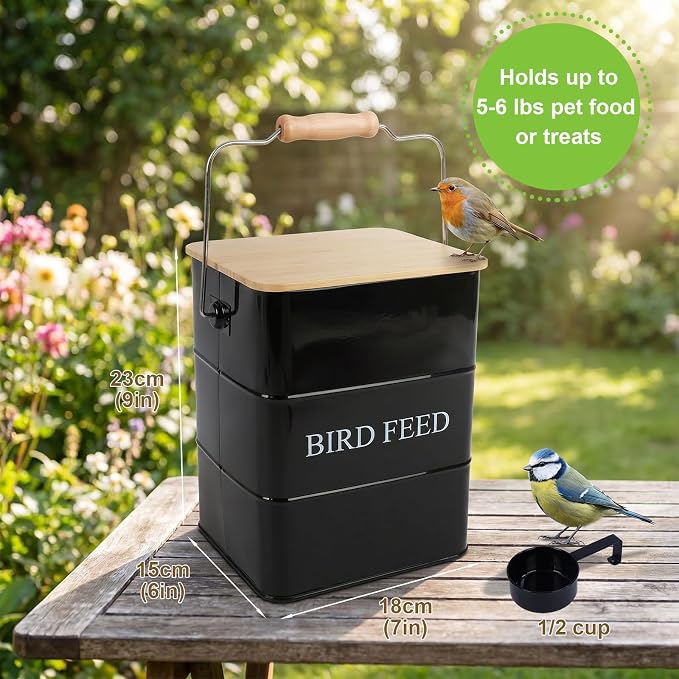 Metal Bird Seeds storage container,Outdoor Bird Container Canister, Pet Food Bin with Wooden Lid/Handle/Food scoop,hold 5-6 Lbs of Wild Bird Seed Sunflower Seed-Preventing Squirrels-Black