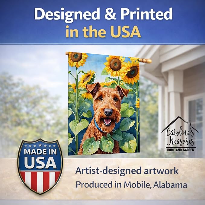 Caroline's Treasures DAC6099CHF Irish Terrier in Sunflowers House Flag Large Porch Sleeve Pole Decorative Outside Yard Banner Artwork Wall Hanging, Polyester, House Size, Multicolor