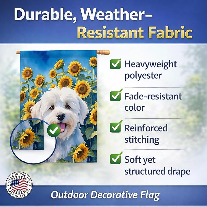 Caroline's Treasures DAC6063CHF Coton de Tulear in Sunflowers House Flag Large Porch Sleeve Pole Decorative Outside Yard Banner Artwork Wall Hanging, Polyester, House Size, Multicolor