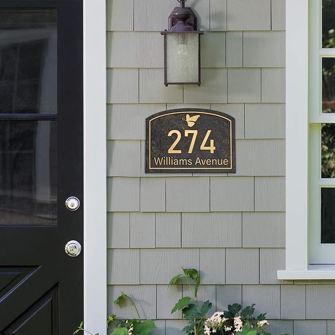 Handcrafted Address Plaque for Yard Outside House Sign, House Number Garden Wall Sign, 911 Visibility Signage, Any Font, 10 x 7 inches (Gold)