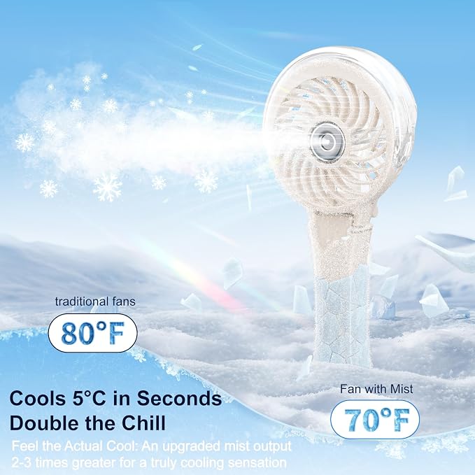 HandFan Upgraded Portable Handheld Misting Fan, Personal Mister Fan Rechargeable, Spray Water Mist Fans, Foldable Mini Cooling Hand Fans for Summer, Beach, Travel, Outdoors, Makeup, Disney(Beige)