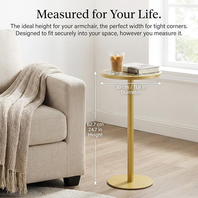 Gold Drink Table, Indoor Outdoor Small Round Side Table with Tempered Glass Top & Scroll Design, 24.7" Metal Pedestal End Table for Living Room, Patio, Small Spaces, Weather Resistant