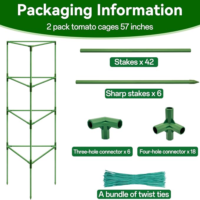 Halatool 57" Tall Tomato Cages, 2 Pack Heavy Duty Plant Support for Garden | Metal Stakes for Raised Beds and Pots, Adjustable Foldable Trellis for Cucumbers, Peppers, Flowers, and Climbing Plants
