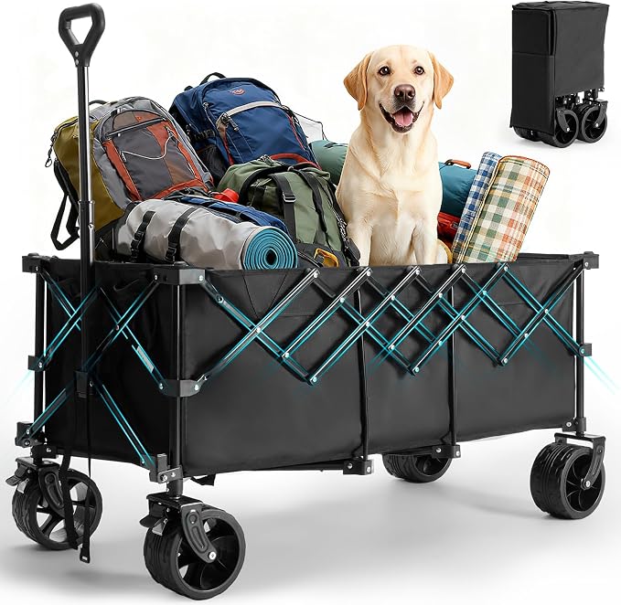 DUMOS 49''L Collapsible Extended Wagon with 440LBS Capacity, Heavy Duty Wagons Garden Cart with All-Terrain Big Wheels & Drink Holders, 250L Foldable Carts for Sports, Shopping, Camping, Black