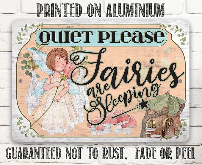 Quiet Please Fairies - Cute Baby Room Decor, Baby Shower Fairy Theme Accessories, Fairies Girl Nursery Display, Fairycore Decoration and Gift, 12x18 Indoors or Outdoors Durable Wooden Look Metal Sign