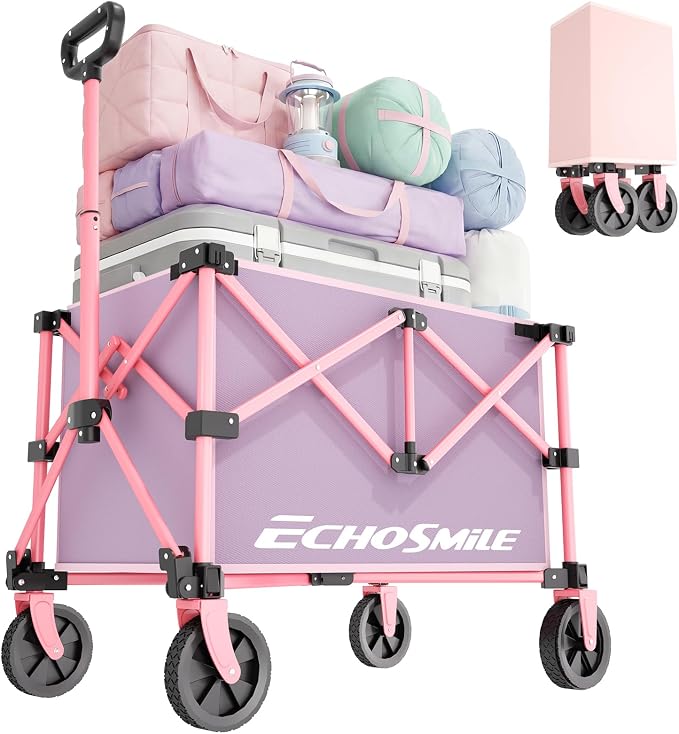 EchoSmile Lightweight Collapsible Wagon Cart, Compact Foldable Wagon for Grocery, Camping & Sports, Easy Fold Utility Wagon,Pink&Purple