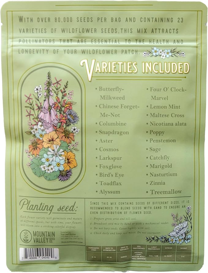 Mountain Valley Seed Co Wildflower Seeds Bulk, 2 Oz. 80,000+ Seeds | Butterfly & Hummingbird Mix with 23 Non-GMO Varieties – Pollinator Flower Seed for Planting