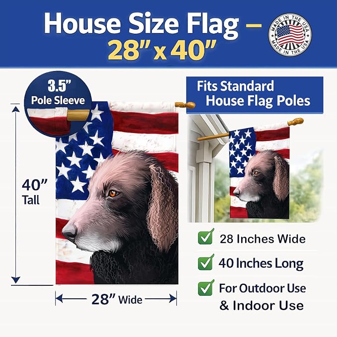 Caroline's Treasures CK6498CHF Curly-Coated Retriever American Flag House Flag Large Porch Sleeve Pole Decorative Outside Yard Banner Artwork Wall Hanging, Polyester, House Size, Multicolor