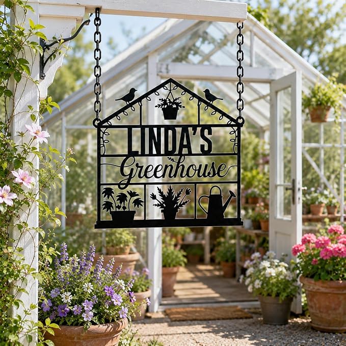 Personalized Greenhouse Garden Sign, Custom Metal Garden Name Plaque with Rustic Finish, Outdoor Yard Art for Plant Lovers, Unique Mothers Day & Gardener Gift for Patio Decor