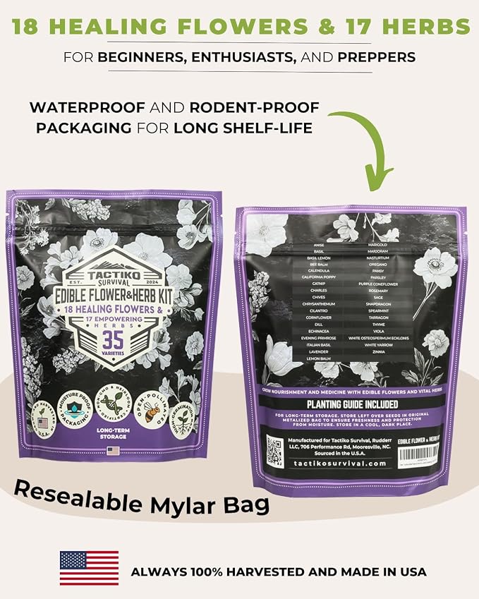 35 Tactiko Edible Flower & Herb Seeds Kit Variety - USA Grown Heirloom Non-GMO Open-Pollinated Seeds for Planting - Indoor Outdoor Gardening - Survival Long-Term Storage - Resealable Mylar Bag