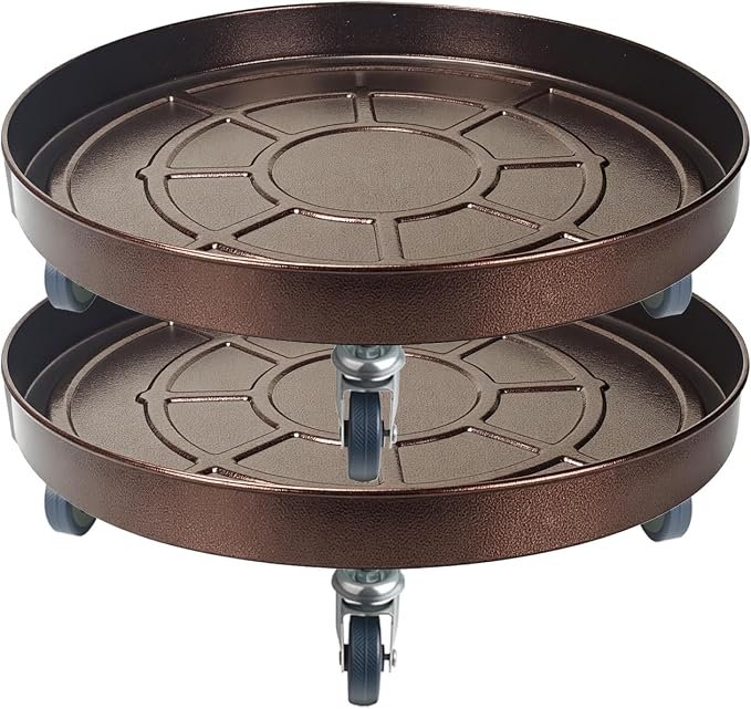 16 Inch Heavy Duty Plant Stand on Wheels, Round Plant Caddy with Wheels for Indoor & Outdoor Use, Metal Rolling Tray for Potted and Small Furniture (Copper 2 Pcs)