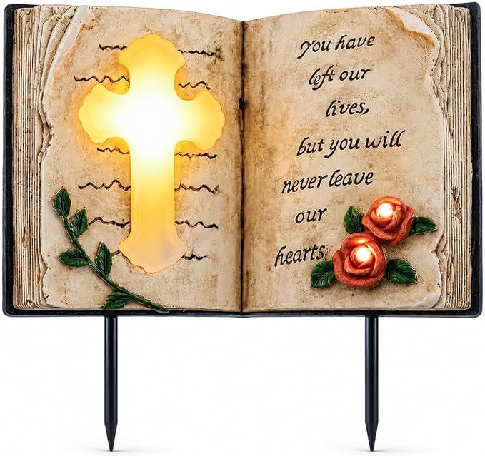 Candieslife Outdoor Solar Memorial Cross Stakes Lights, Waterproof Book Statue Grave Decorations Sympathy Gifts for Cemetery Garden Lawn Yard Patio Home Decor