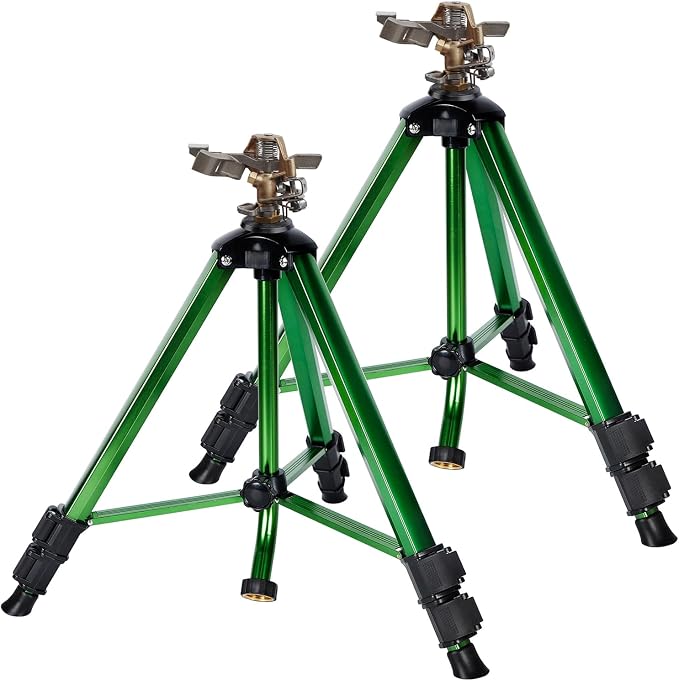 Biswing Impact Sprinkler Head on Tripod Base, Heavy Duty Lawn Sprinklers, 360 Degree Large Area Irrigation, Metal Sprinkler Nozzle & Solid Alloy Metal Extension Legs Flip Locks, 2 Pack