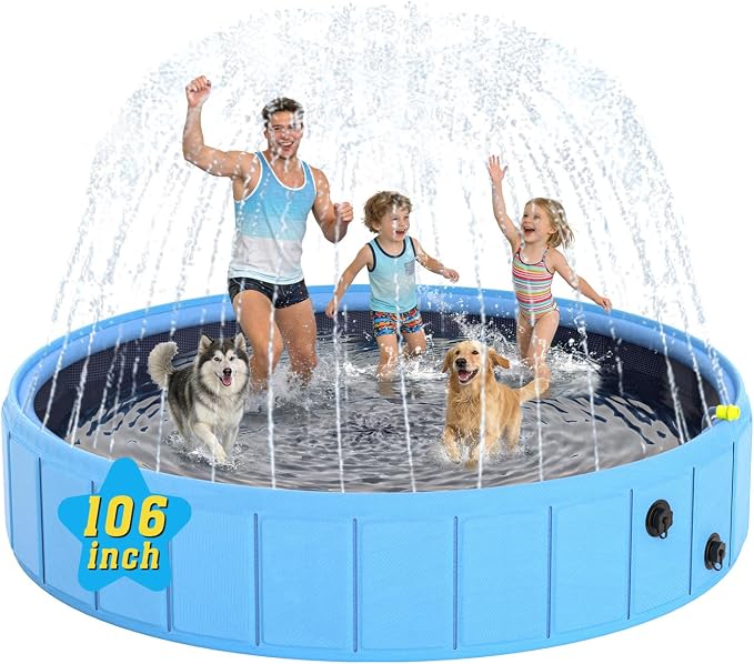 Foldable Dog Pool with Sprinkler, 106" Extra Large Non-Slip Dog Swimming Pool, 2-in-1 Outdoor Backyard Pet Bathing Tub with Drain Plug for Dogs Kids Pets Ducks