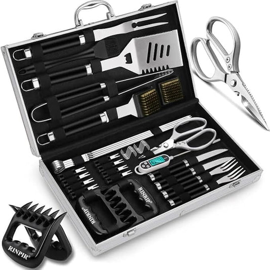 RINPIR 35pcs Deluxe Grilling Gifts Set for Birthday Fathers Day, Stainless Steel BBQ Accessories Kit for Men Dad, Professional Grill Tools Utensils with Scissors, Meat Claws in Aluminum Case Black