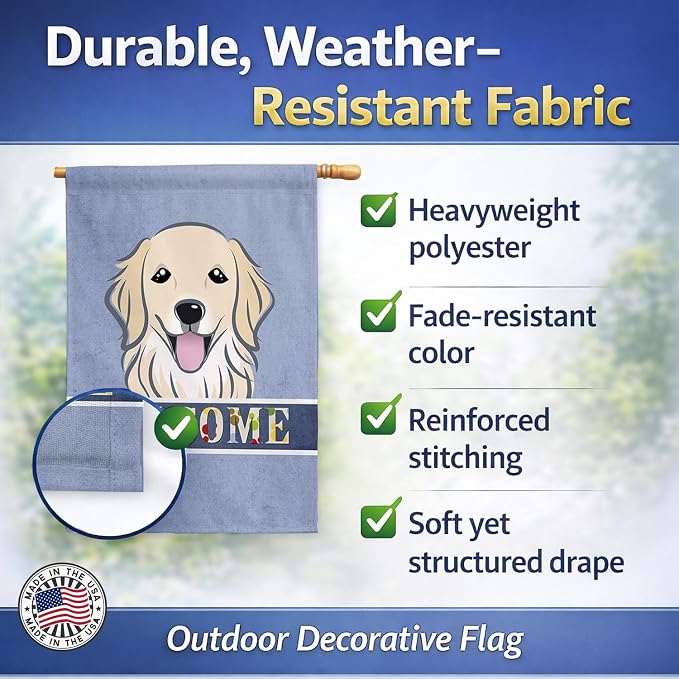 Caroline's Treasures BB1391CHF Golden Retriever Welcome House Flag, Blue Large Porch Sleeve Pole Decorative Outside Yard Banner Artwork Wall Hanging, Polyester, House Size, Multicolor