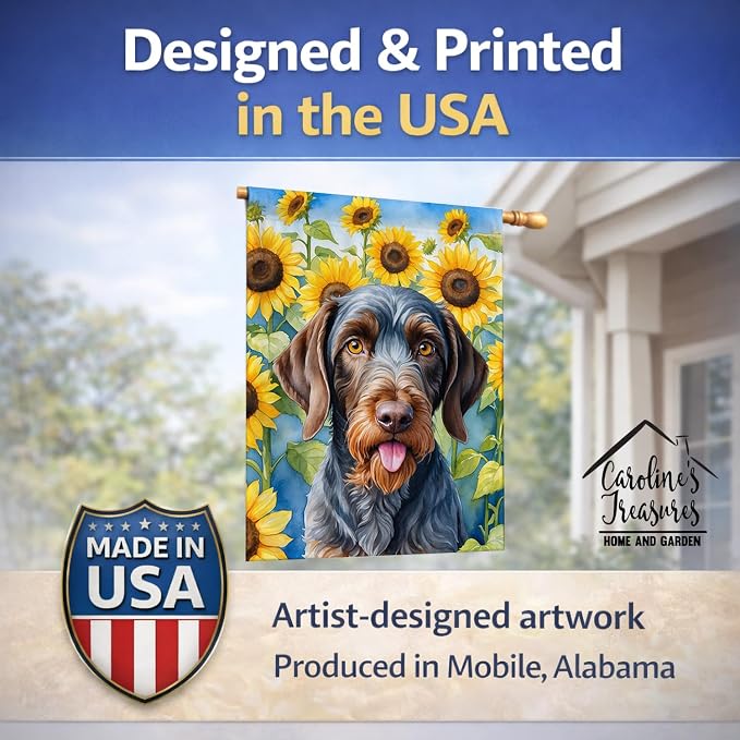 Caroline's Treasures DAC6086CHF German Wirehaired Pointer in Sunflowers House Flag Large Porch Sleeve Pole Decorative Outside Yard Banner Artwork Wall Hanging, Polyester, House Size, Multicolor