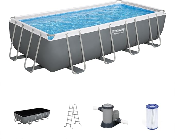 Bestway Power Steel 18' x 9' x 48" Above Ground Pool Set with Pump | Durable Rectangular Metal Frame Outdoor Backyard Pool - Ladder, Cover, and Type III Filter Cartridge Included, Gray