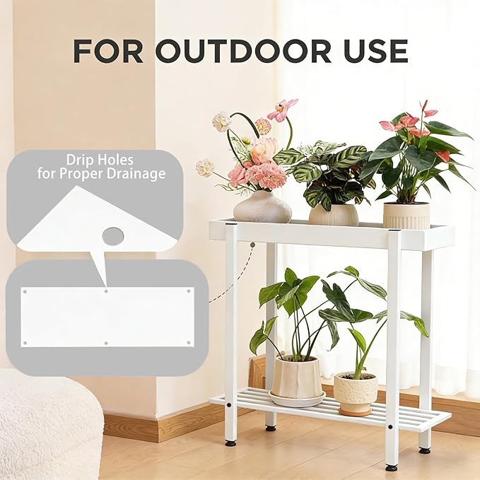 Honla Metal Plant Stand Indoor Outdoor,2 Tier Window Tall Plant Table Bench Shelf for Multiple Plants,26" L x 8.66" W x 24.40" H,White