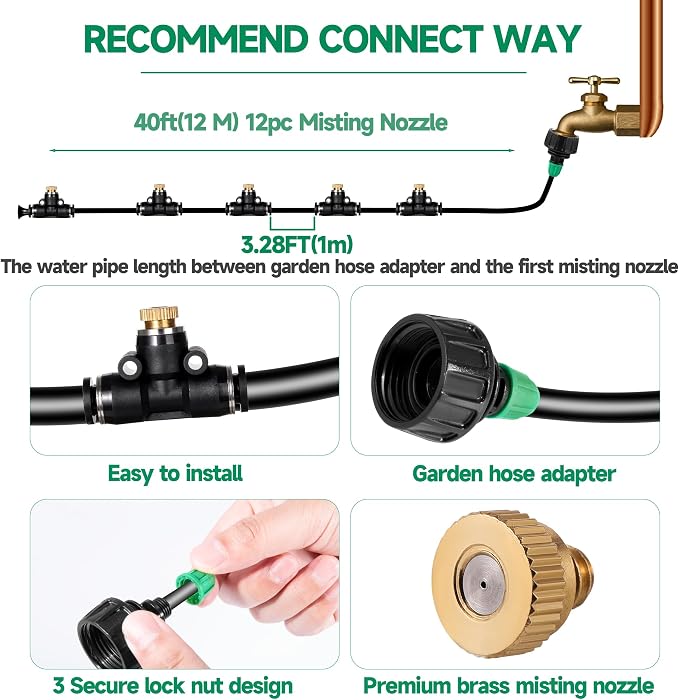40FT Misters for Outside Patio, Misting Cooling System Anti Leak, Misting Line with 12 Brass Mist Nozzles and Adapter(3/4"), DIY Water Misters for Garden Greenhouse Fan BBQ Party Pool