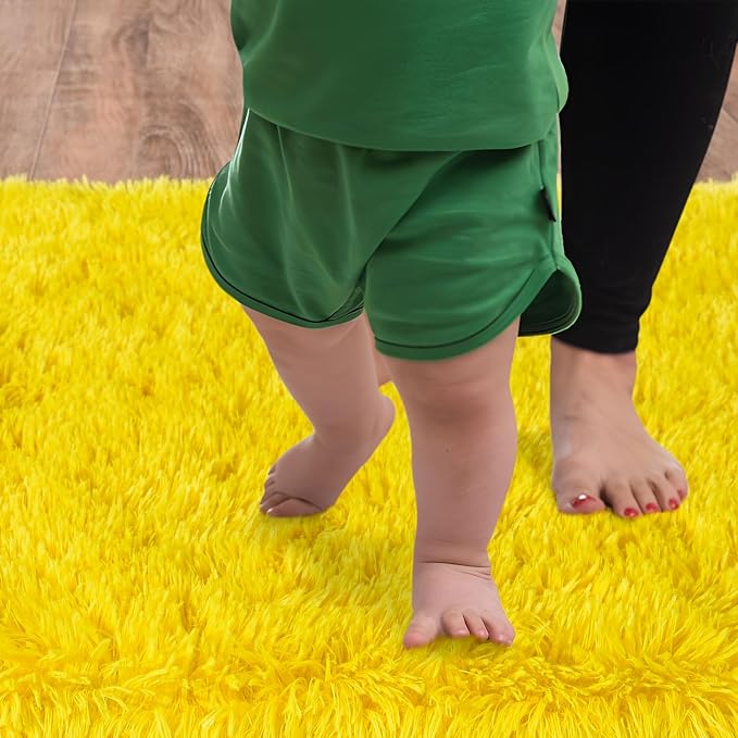 Fluffy Shag Rugs for Living Room 6x9 Yellow Washable | Upgrade Non-slip, 6 x 9 Large Big Shaggy Area Rug for Girls Bedroom Nursery, High Pile Plush Carpet for Kids Room Dorm