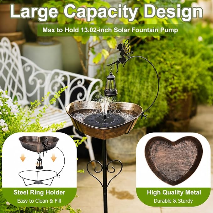 Solar Metal Heart-Shaped Bird Bath for Outdoors, Removable Vintage Freestanding 135 fl oz Bowl with Upgraded 5-Pronged Base & Fairy Lantern, Birdbaths for Garden Yard Lawn Decor Romantic Gifts