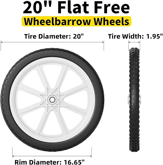 RONPOW 20 Inch Flat Free Wheelbarrow Wheels Compatible with rubbermaid Wheelbarrows Cart Tires, 5/8" Bearings and 3/4" Bearings, Replacement Wheelbarrow Wheels Garden Yard Carts, 400Lbs, 2Pack White