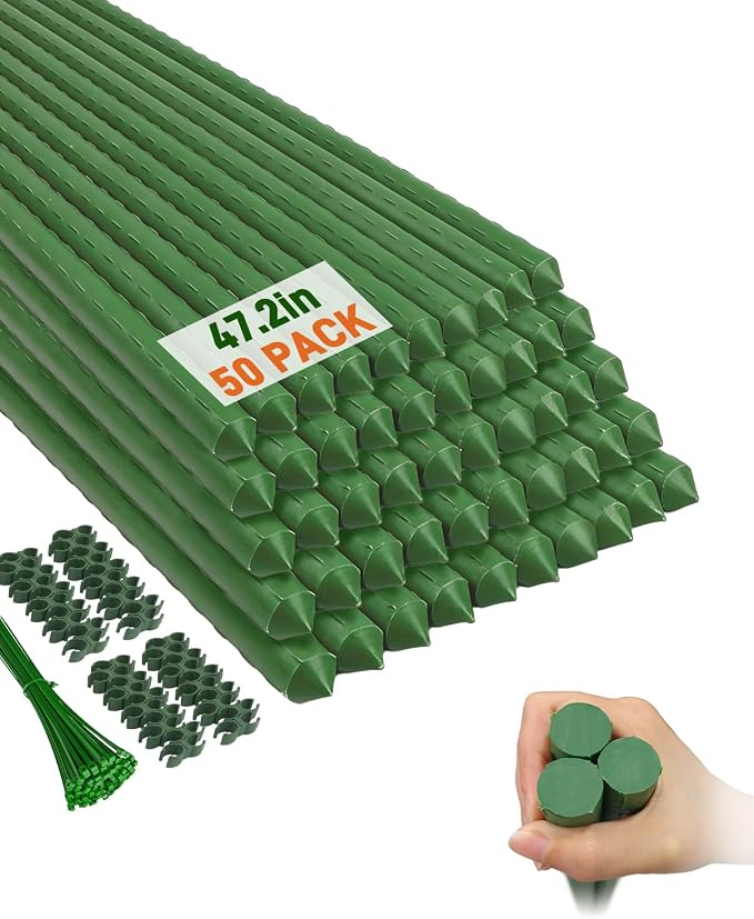 50 Pack 4FT Garden Stakes with Clips & Ties, 0.78" Steel Core Plastic Covered Plant Support Stakes for Tomatoes, Vegetables & Climbing Plants
