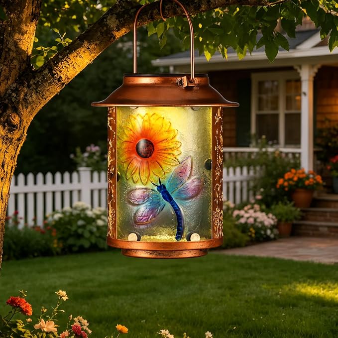 Dragonfly Solar Lanterns Outdoor Waterproof, Birthday Gifts for Women Mom Grandma , Metal Garden Decor Hanging Solar Lights Outside Decorative for Yard Patio Backyard Porch Decorations (Sunflower)