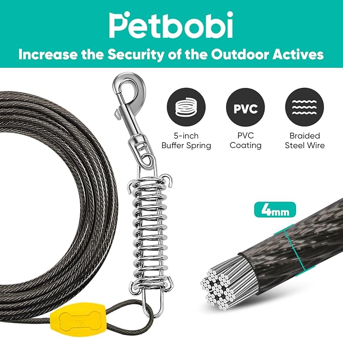 Petbobi Dog Tie-Out Cable and Stake - 30ft Heavy Duty Cable with Spring, No Tangle, 16in Ground Stake, Ideal for Outdoor Yard, Camping, Suitable for Small Medium Large Dogs Up to 120 lbs, Black