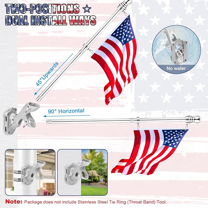 REERON House Flag Pole Kit, 5 FT Metal Spinning Flag Poles Kit, 1" Tangle Free Stainless Steel Flagpole with 360° Flagpole Rings & 2-Position Bracket for Outside House Porch Wall Mount for 3x5 Flag