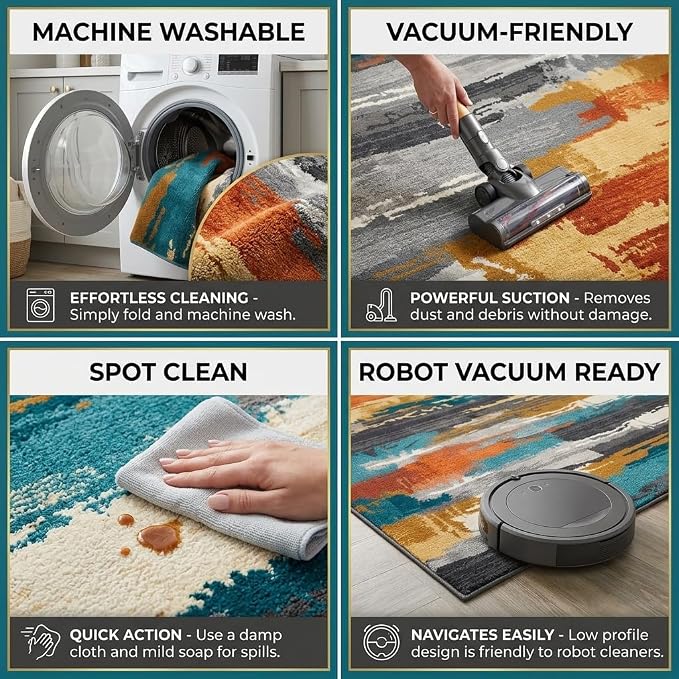 5x7 Burnt Orange and Teal Blue Modern Brush Stroke Lines Area Rug | Soft faux cashmere low-pile, machine washable non-slip foldable rug for living rooms, bedrooms and dining rooms.