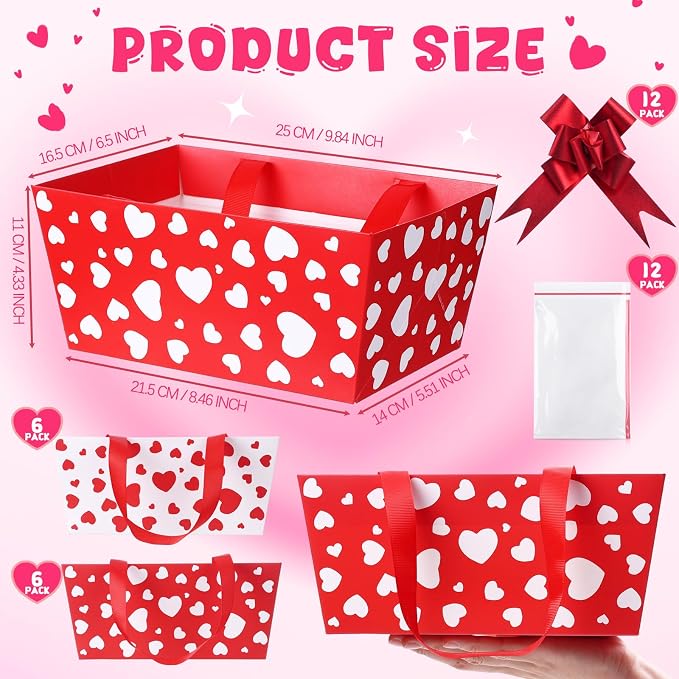 Qinyoung 12 Pack Valentine's Day Baskets for Gifts Empty Red White Heart Gift Basket with Handles, Pull Bows, Cellophane Bags and Twist Ties for Valentine Party Favor Supplies, 9.8 x 6.5 Inch