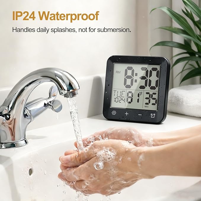 Shower Clock Waterproof, Bathroom Digital Clock with Timer, LCD Display, Touch Screen, Suction Cup, Temp, Seconds, Hanging, Hole Stand, Digital Wall Clocks Battery Operated for Kids and Adults