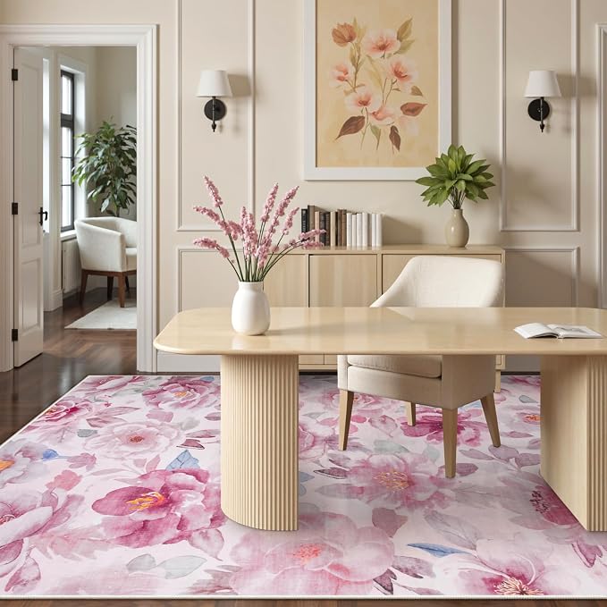 Lahome Pink Floral Area Rug 5x7 for Living Room and Girls Bedroom, Boho | Machine Washable, Non Slip Vintage Low Pile Large Throw Carpet for Dining Room Office