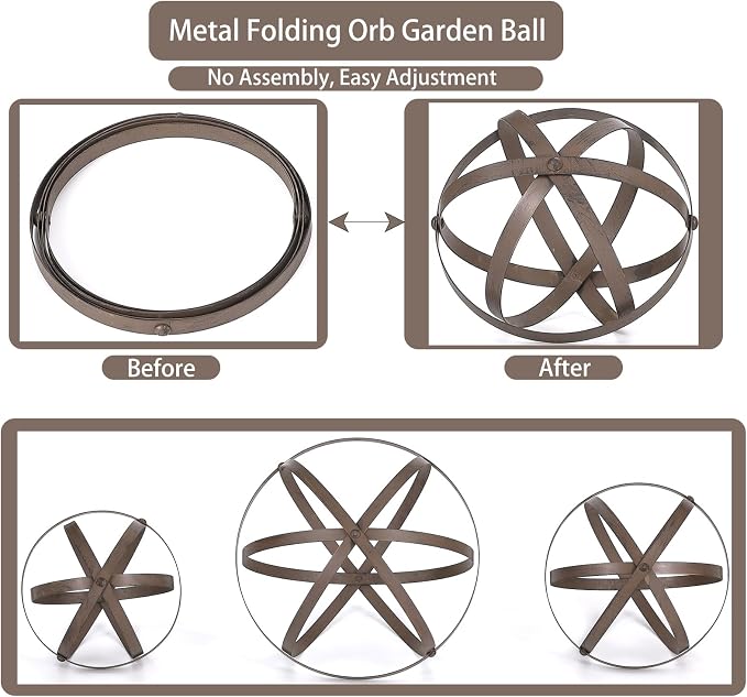 Set of 3 Metal Garden Spheres, Metal Folding Orb Garden Ball for Patio Yard Decor, Dia 12", 9", 7"