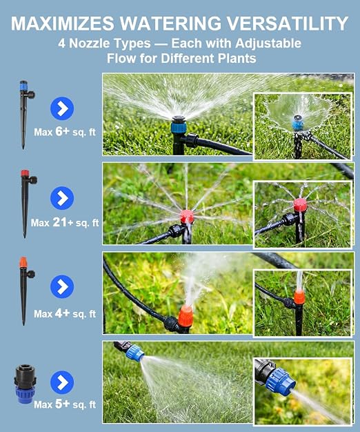 1/2" Drip Irrigation System Kit with 40 Adjustable Nozzles, PE UV-Resistant | All Quick-connect, 2X Lifespan of PVC, Easy Connect, 40FT 1/2" Main tube+ 197FT 1/4" Tube, 4 Nozzle Types